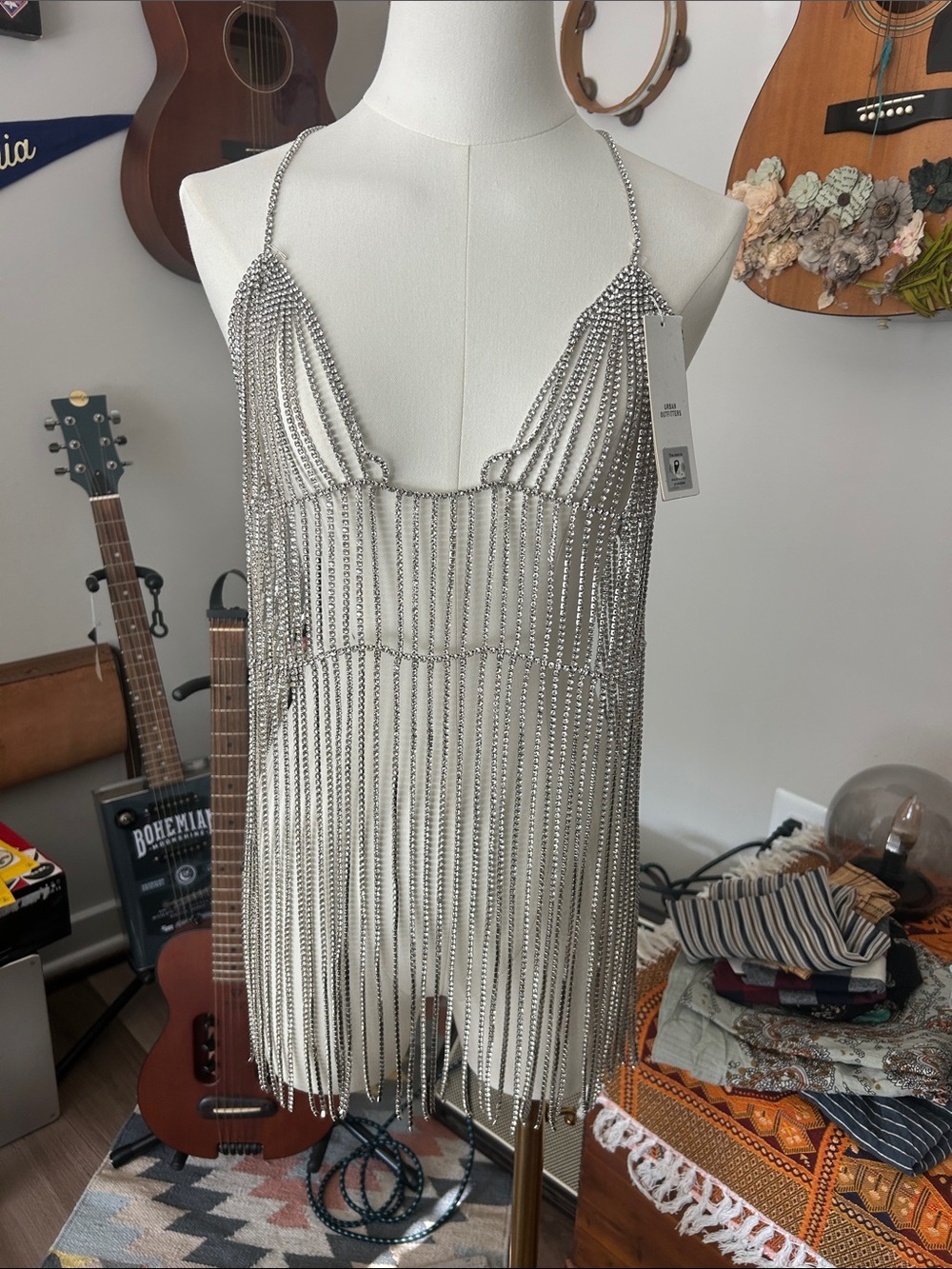 NWT Urban Outfitters Silver Rhinestone Fringe Tank Top